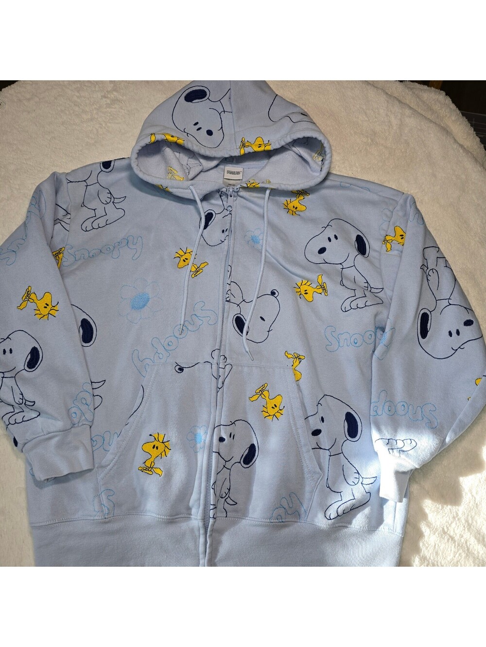 NWT Peanuts Snoopy Woodstock Embroidered Full Zip Hoodie Light Blue Women's XL